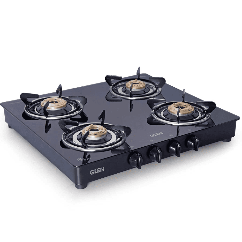 Glen Cooktop, 1043 GT HF BB DT AI, 4 Burner Auto Manual Ignition Glass Top Brass Burner 1 Big + 2 Medium + 1 small Gas Stove (Black)