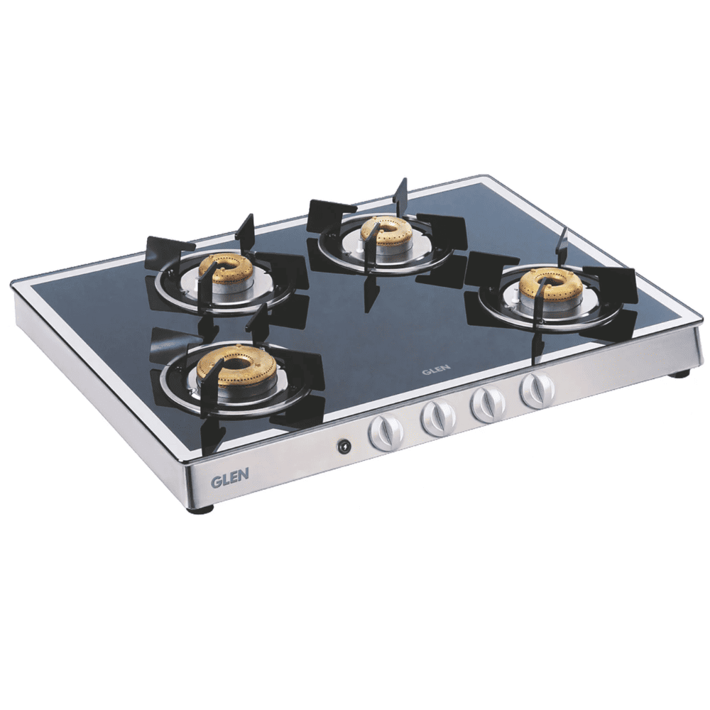 Glen Cooktop, 1048 GT AI FORGED BB MIRROR, 4 Burner Auto Ignition Glass Top Forged Brass Burner 1 Big + 1 Medium + 2 small Gas Stove (Black)