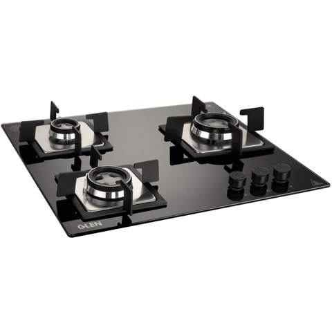 Glen Hob, 1063 SQ DB, 3 Burner 60 cm Auto Toughened Glass Top Full Brass Burners 1 Medium + 1 small +1 High Flame (Black)