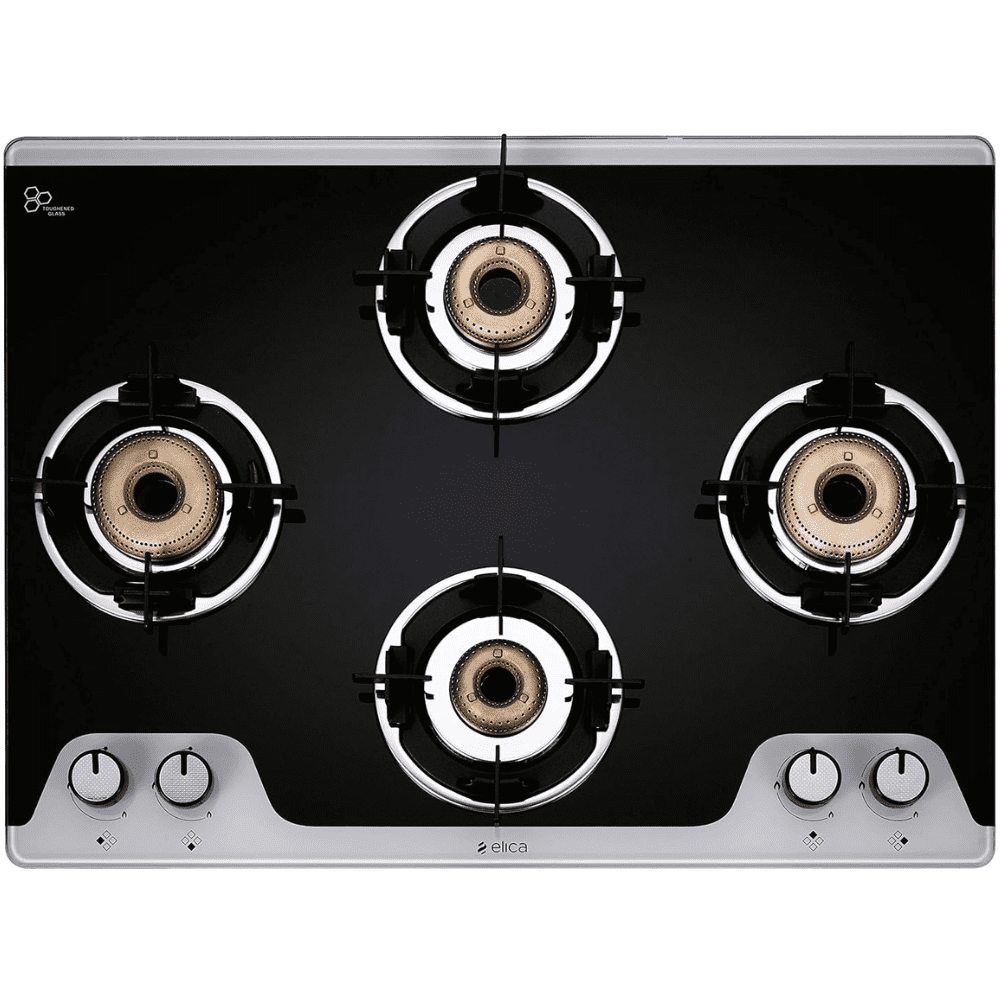 Elica Cooktop, 694CT VETRO2J TKN CROWN DT MI, 4 Burner 94 cm Manual Ignition Top Brass Burners 2 Small 2 Medium Slimmest Gas Stove (Black)