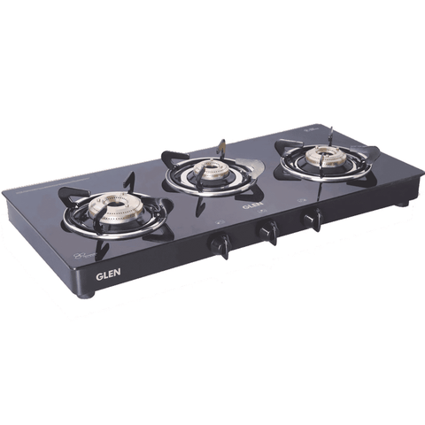 Glen Cooktop,1033 GT XL BB BLK, 3 Burner cm Auto Manual Glass Top Brass Burner 1 Medium + 1 small + High Flame Brass Burner Extra Large (Black)