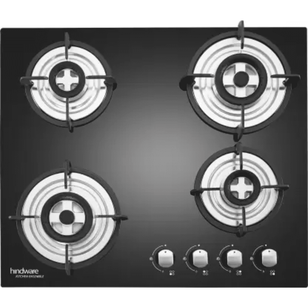 Hindware Hob, SARA+ 4B 60 CM, 4 Burner 60 cm Automatic Electric Glass Top Steel Burners 2 Medium + 1 small +1 High Flame Gas Stove (Black)