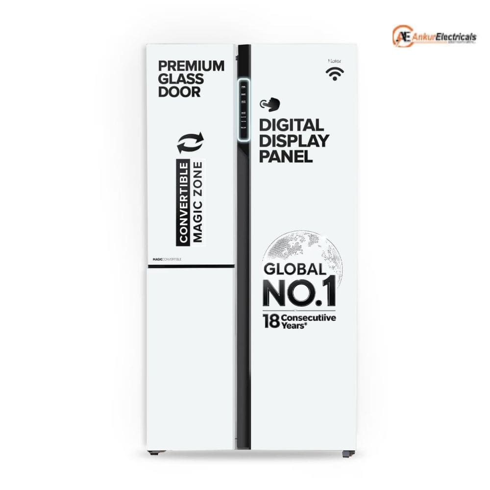 Haier 598 Ltrs, 3 Star Frost Free Expert Inverter Smart Sense AI enabled 3 Door Side by Side Refrigerator (HRT 683PWGU1, Pearl White Glass, Magic Convertible Zone, Premium Vogue Glass)