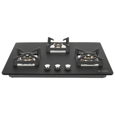 Faber Hob, BELLA HT753 BR AI, 3 burner 75 cm Auto Ignition Glass Top Full Brass Burners 2 Medium + 1 Small with Flame Failure Device (Black)