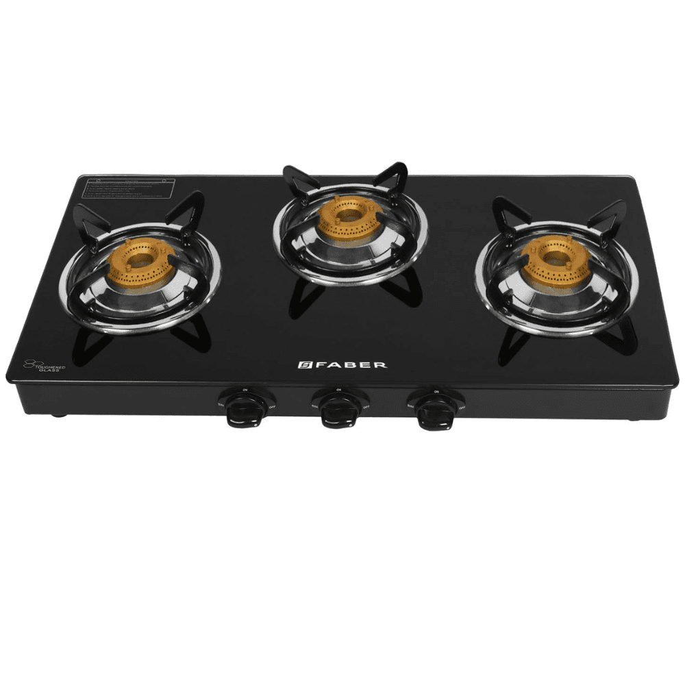 Faber Cooktop, POWER 3BB BK, 3 Burner 70 cm Manual Ignition Glass Top Brass Burners 1 Small + 2 Medium Gas Stove, Glass (Black)