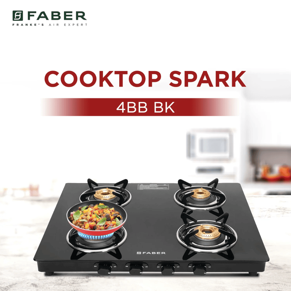 Faber Cooktop, SPARK 4BB BK, 4 Burner Auto Manual Glass Top Brass Burner 1 Big + 2 Medium + 1 small Gas Stove (Black)