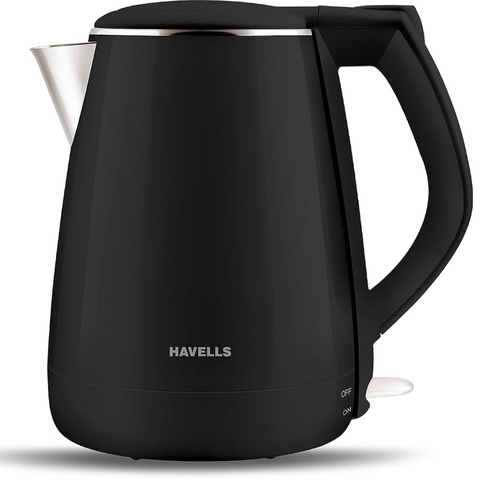 Havells GHBKTATK125, 1250 Watts 1.2 Litres AQUA BLACK+ Electric Aqua Plus Kettle, Double Layered Cool Touch Outer Body (Black)