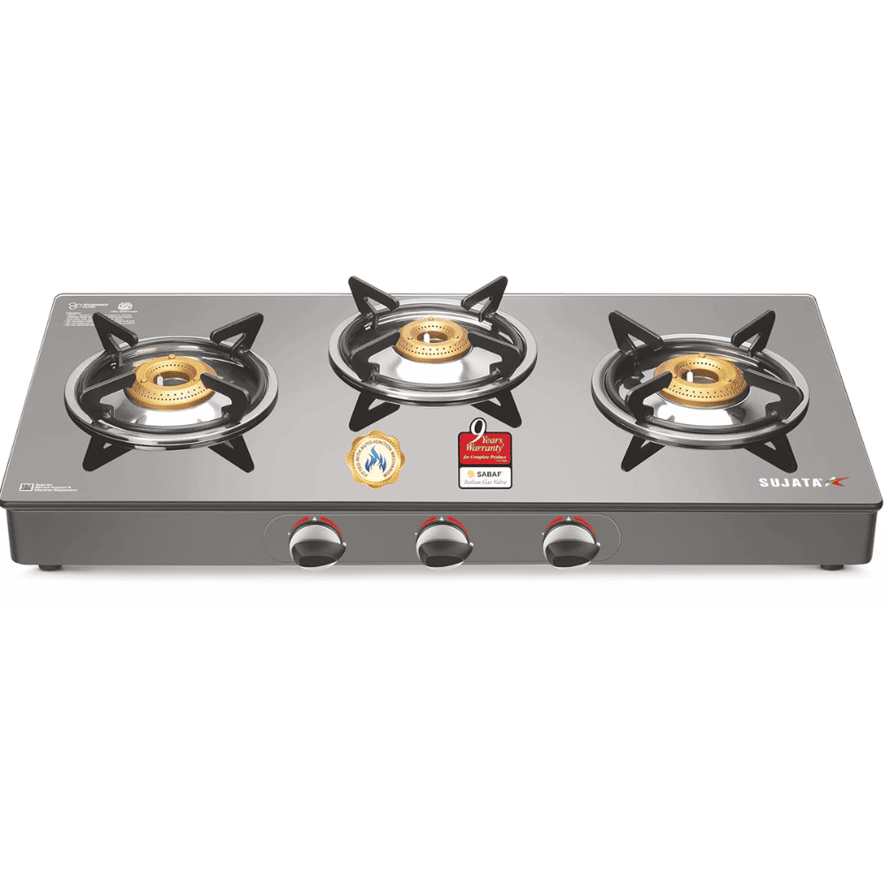 Sujata Cooktop Standard AI, 3 Burner Glass Top Auto Ignition Brass Gas Stove (Black)