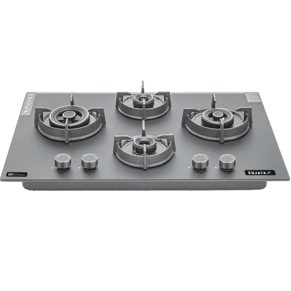 Sujata Hob, 4 Burner 86 cm Auto Ignition Glass Top Brass Burner 1 Larg + 1 Medium + 2 small (Palladium FB 4B86TP, Black)