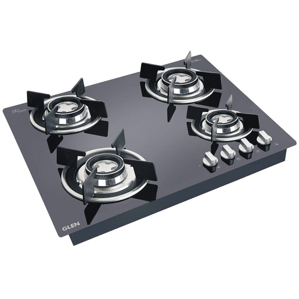 Glen Hob 1064 RO HT DB, Burner 60 cm Automatic Ignition Glass Top Brass Burners Small big Gas Stove with Double Ring Forged (Black)
