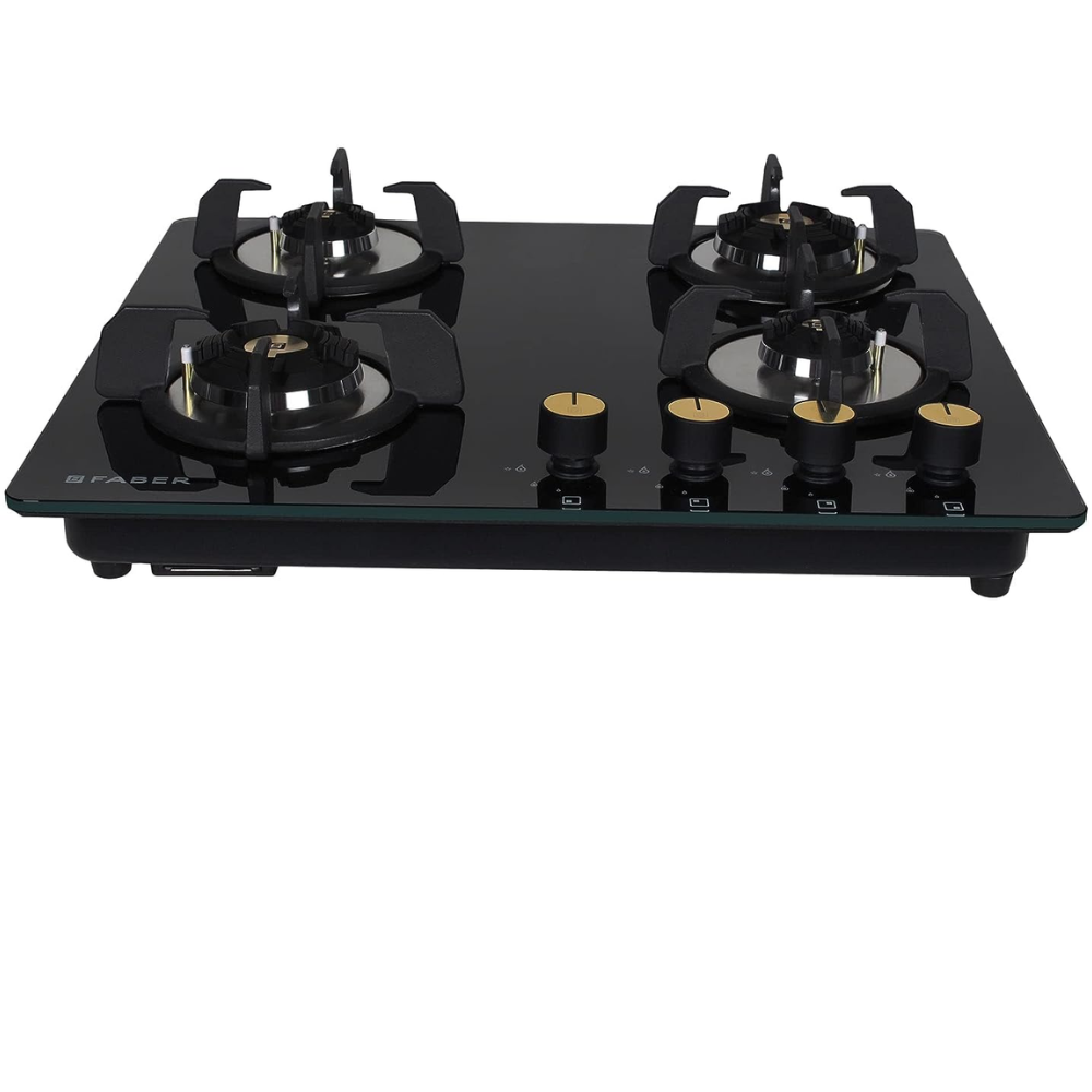 Faber Hob Maxus HT604 CRS BR CI AI, 4 Burner 60 cm Auto Electric Ignition Glass Top Mild Steel Burners 2 Small and 2 Medium Gas Stove (Black)