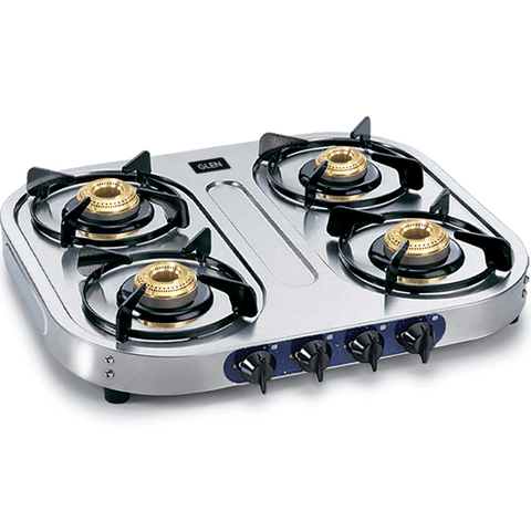 Glen Cooktop, ONYX 4BB BK CI, 4 Burner Auto Manual Ignition Glass Top Brass Burner 2 Medium + 1 small + High Flame Gas Stove (Black)