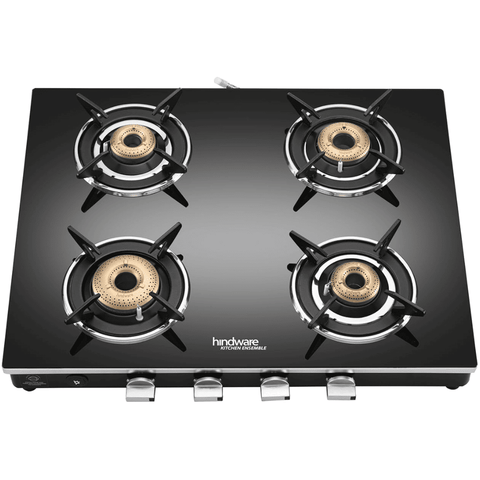 Hindware Cooktop, EMINEO 4B AI BLK, 4 Burner 77 cm Auto Ignition Glass Top Brass Burner 3 Medium + 1 small Gas Stove (Black)