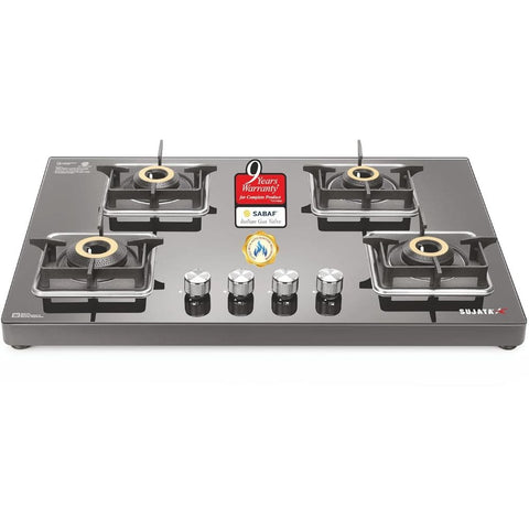 Sujata Cooktop Premium AI, 4 Burner Glass Top Auto Ignition Forged Brass Burner Gas Stove (Black)