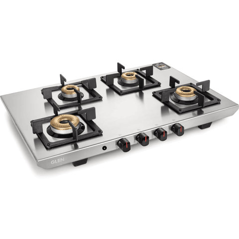 Glen Cooktop,1054 UT SS, 4 Burner cm Auto Ignition Glass Top Brass Burner 1 Big + 1 Medium + 2 small Gas Stove, with Forged Brass Burner (Black)