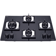 Elica Hob, FLEXI AB HCT460, 4 burner 60 cm Auto Ignition Glass Top Full Brass Burners 2 Medium + 1 Small + 1 High Gas Stove (Black)