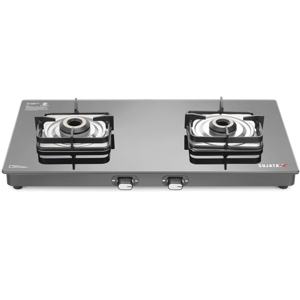 Sujata Cooktop Classic AI, 2 Burner Glass Top Auto Ignition Brass Burner Gas Stove (Black)