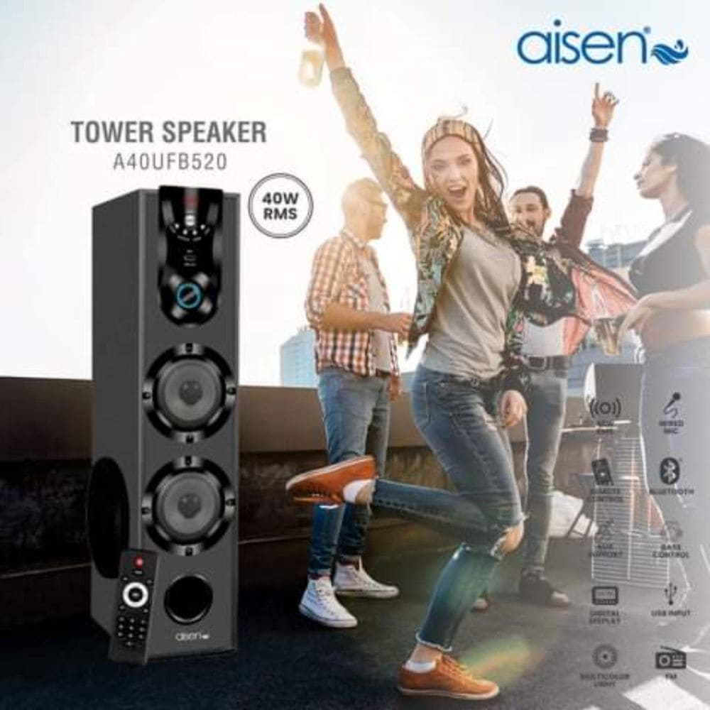 Aisen 40 Watts Home Theatre Bluetooth RMS Tower Speaker (A40UFB520, Black)