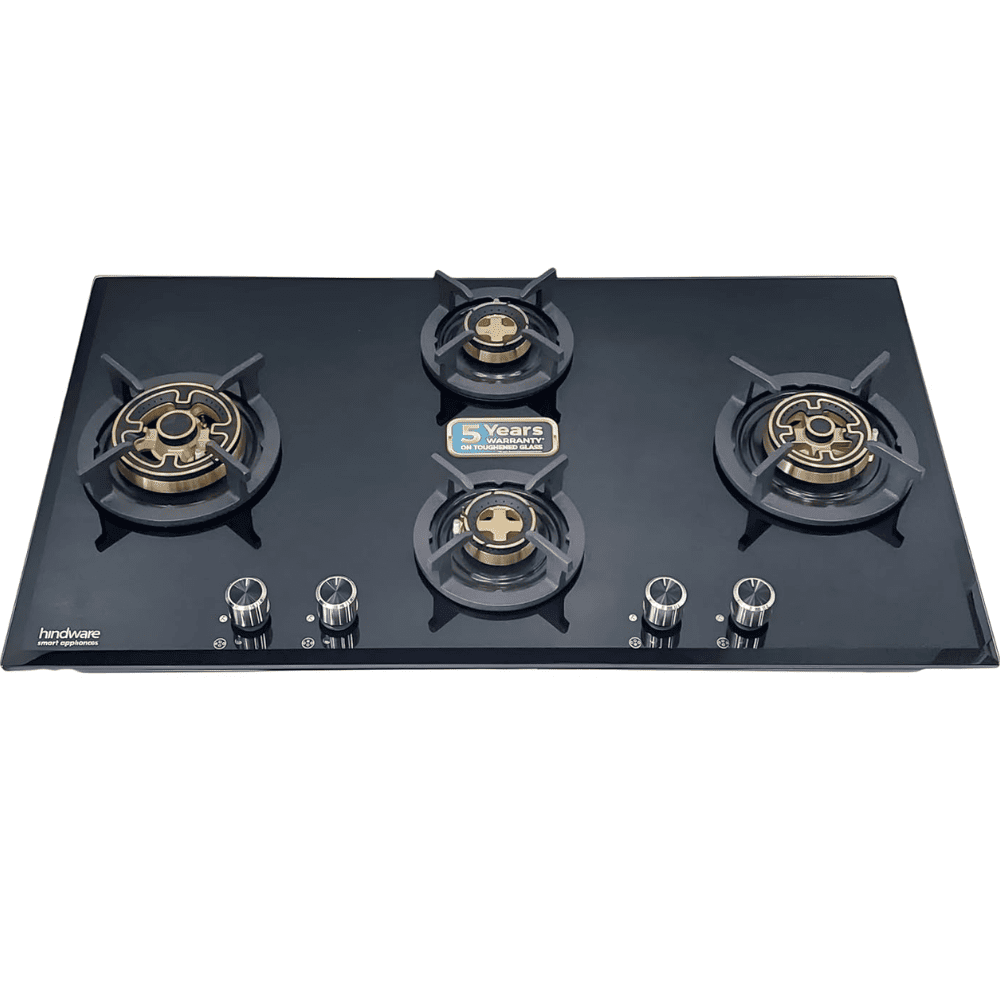 Hindware Hob, VALERIA 4B 90, 4 burner 90 cm Auto Ignition Glass Top Full Brass Burners 1 Medium + 2 Small + 1 High Gas Stove (Black)
