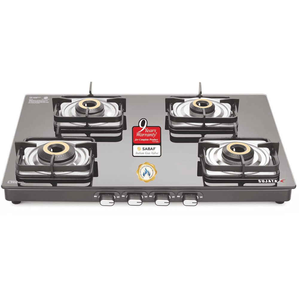 Sujata Cooktop Classic AI, 4 Burner Glass Top Auto Ignition Brass Burner Gas Stove (Black)