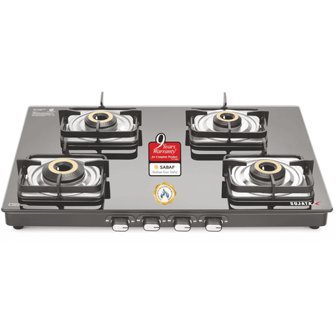 Sujata Cooktop Classic AI, 4 Burner Glass Top Auto Ignition Brass Burner Gas Stove (Black)