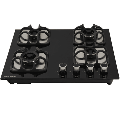 Faber Hob, IMPERIA PLUS 604 BRB CI BK, 4 Burner 60 cm Auto Electric Ignition Glass Top Mild Steel Burners 2 Small and 2 Medium Gas Stove (Black)