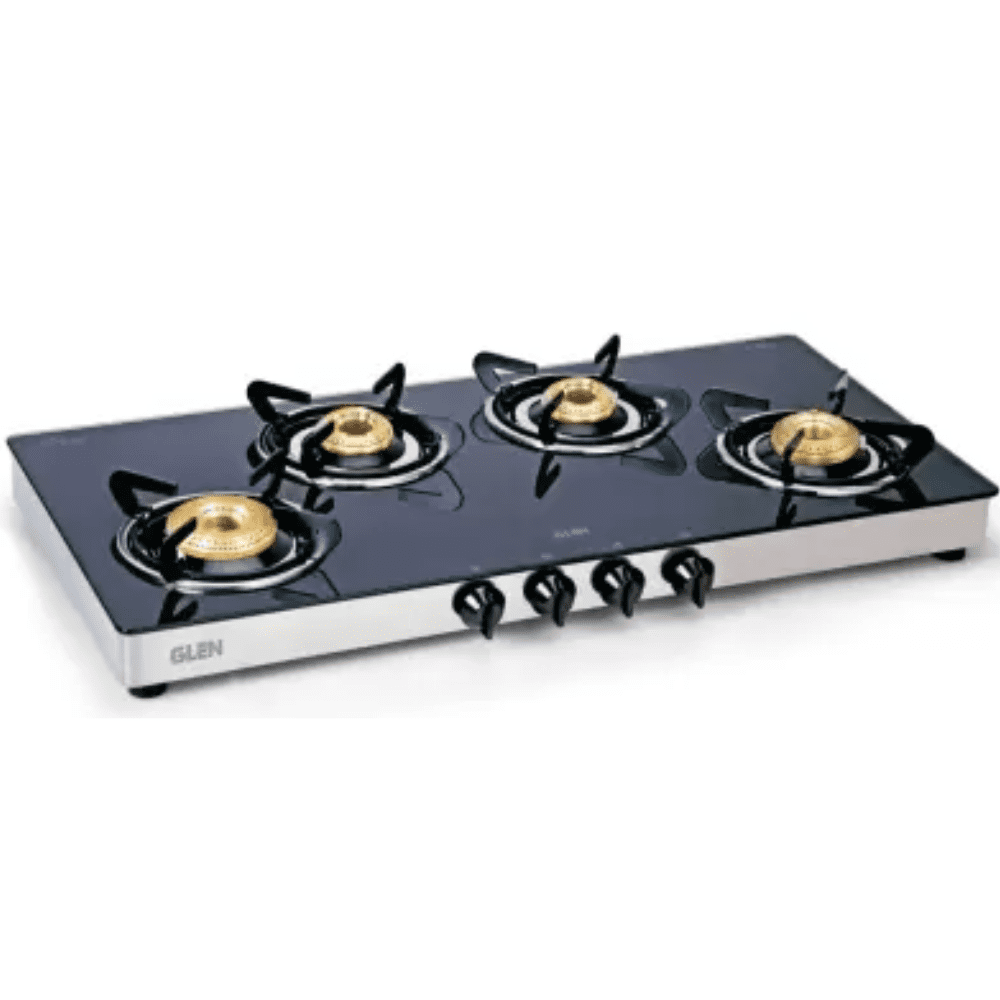 Glen Cooktop, 1044 GT XL HF BB, 4 Burner 81 cm Manual Ignition Glass Top Brass Burners 4 Medium Gas Stove (Black)