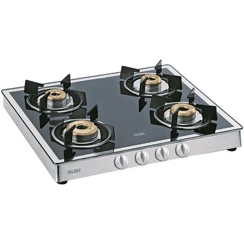 Glen Cooktop,1042 GT FORGED BB MIRROR, 3 Burner 60 cm Auto Manual Glass Top Brass Burner 1 Big + 1 Medium + 1 small Gas Stove, with Forged Brass Burner (Black)