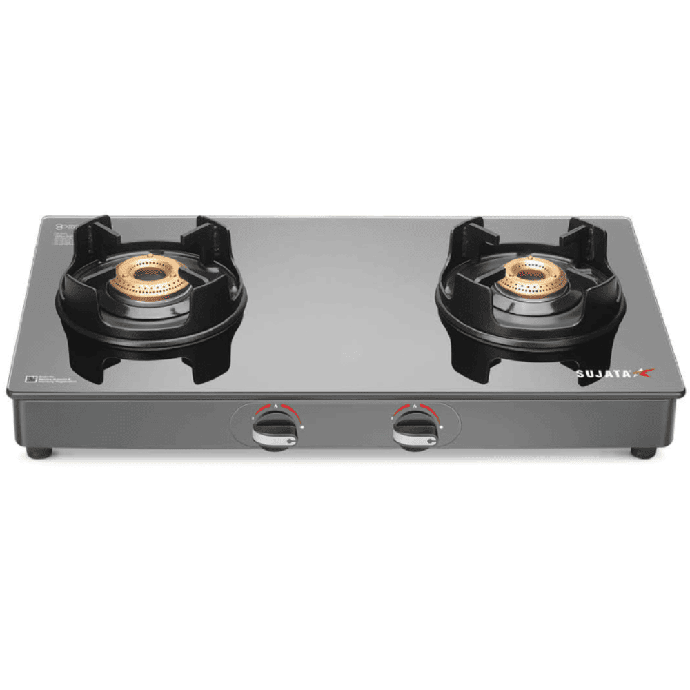 Sujata Cooktop Deluxe AI, 2 Burner Glass Top Auto Ignition Brass Gas Stove (Black)