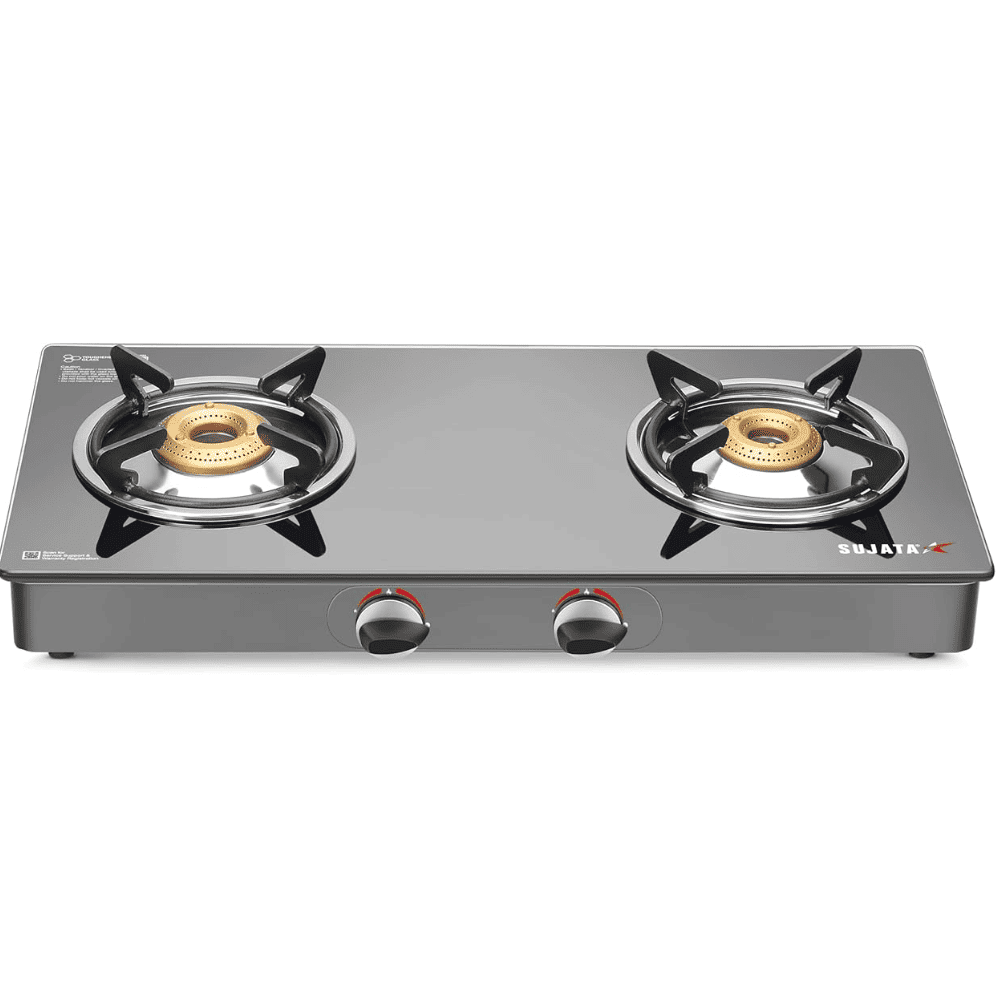 Sujata Cooktop Standard, 2 Burner Glass Top Brass Burner Gas Stove (Black)