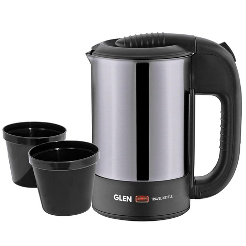 Glen Travel 9013, 1000 Watts 0.5 Litres Electric Travel Kettle Multicooker, Stainless Steel 2 Plastic Cups (Silver and Black)