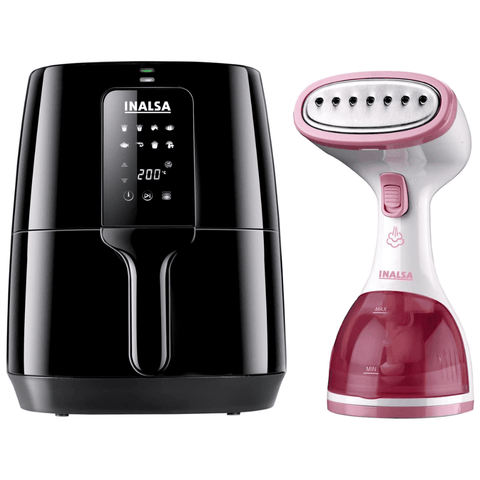 Inalsa Steamax, 1200 Watts Garment Steamer with Fabric & Steam Brush and 260ml Capacity (White & Pink), Air Fryer Digital Nutri Fry-1400W 4L,Smart AirCrisp Technology 8-Preset, Variable Temp (Black)