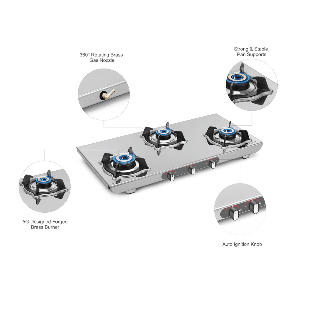 Sujata Cooktop Sterno, 4 Burner Manual Stainless Steel Glossy SS Body Gas Stove (Silver)