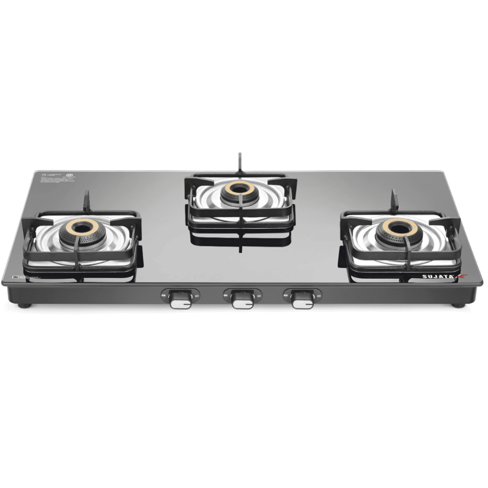 Sujata Cooktop Classic, 3 Burner Glass Top Auto Ignition Brass Burner Gas Stove (Black)