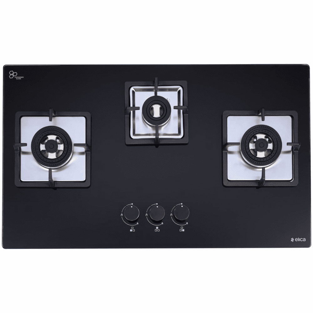 Elica Hob 3 Burner 75 cm Auto Ignition Glass Top Full Brass Burners 1 Small and 2 Medium Gas Stove (FLEXI DFS 375 DX,Black)