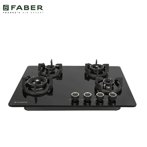 Faber Hob, EXPERIA HT704 ALU AI, 4 burner 70 cm Auto Ignition Glass Stainless Steel Design Brass Burners 2 Medium + 1 Small + 1 High with Premium Metal knobs with Golden inserts (Black)