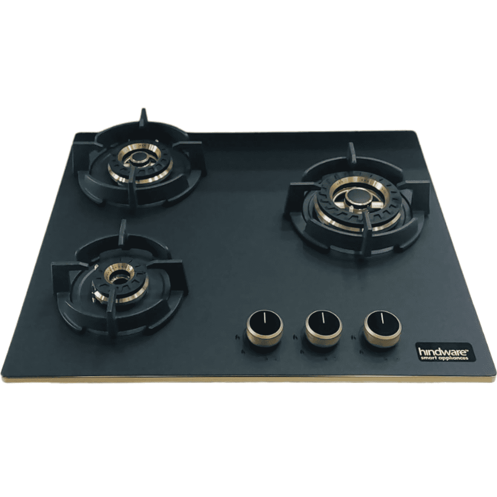 Hindware Hob, IVANA 3B 60, 3 burner 60 cm Frost Glass Metallic Finish Brass Burners 1 Medium + 1 Small + 1 High (Black)