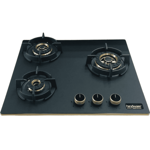 Hindware Hob, IVANA 3B 60, 3 burner 60 cm Auto Ignition Frost Glass Metallic Finish Brass Burners 1 Medium + 1 Small + 1 High (Black)