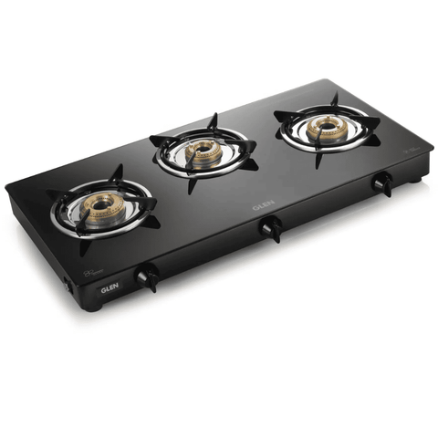 Glen Cooktop, 1037 GT BB, 3 Burner cm Auto Manual Glass Top Brass Burner 1 Big + 1 Medium + 1 small Gas Stove (Black)