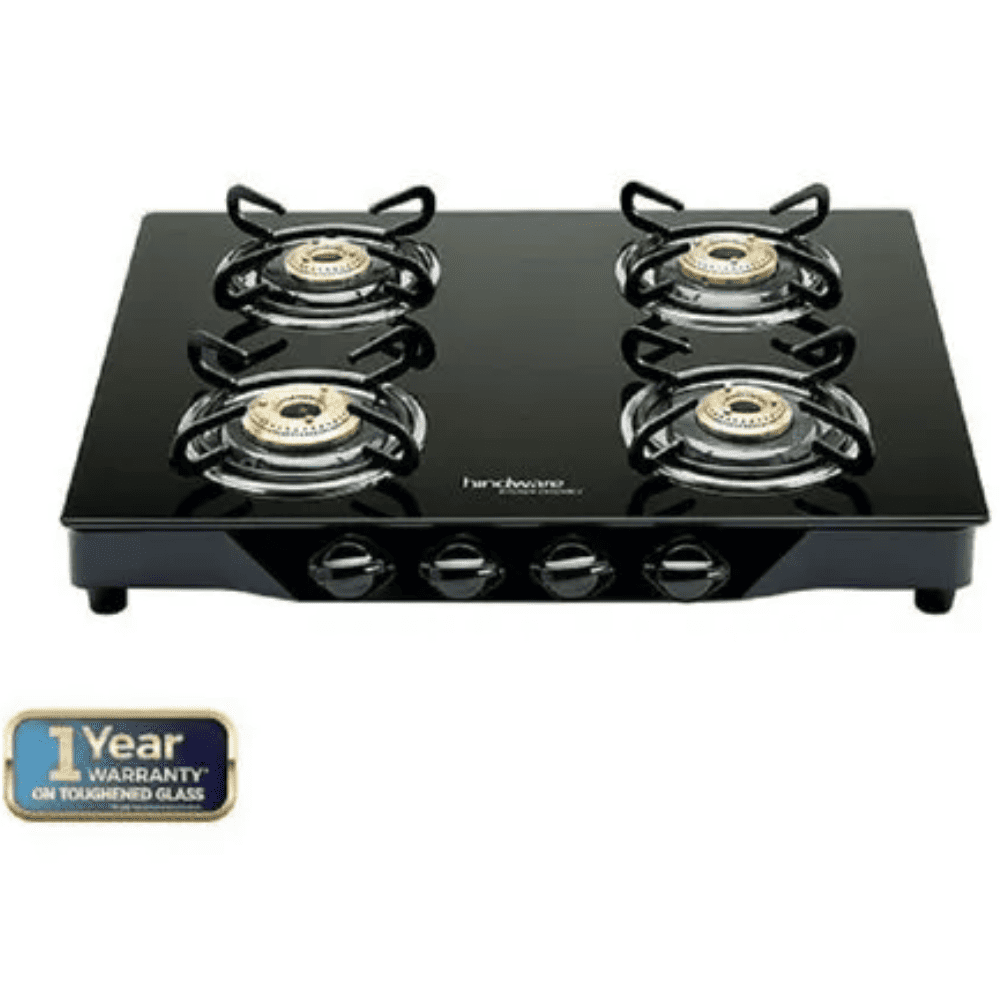 Hindware Cooktop, ARMO 4B GL BLK, 4 Burner Glass Top Brass Burner 2 Medium + 2 small Gas Stove (Black)