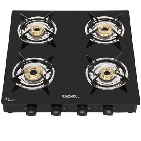 Hindware Cooktop, BRIO+ 4 B, 4 Burner 65 cm Manual Glass Top Stainless Steel Burners 3 Medium + 1 small Gas Stove, Glass Body (Grey)