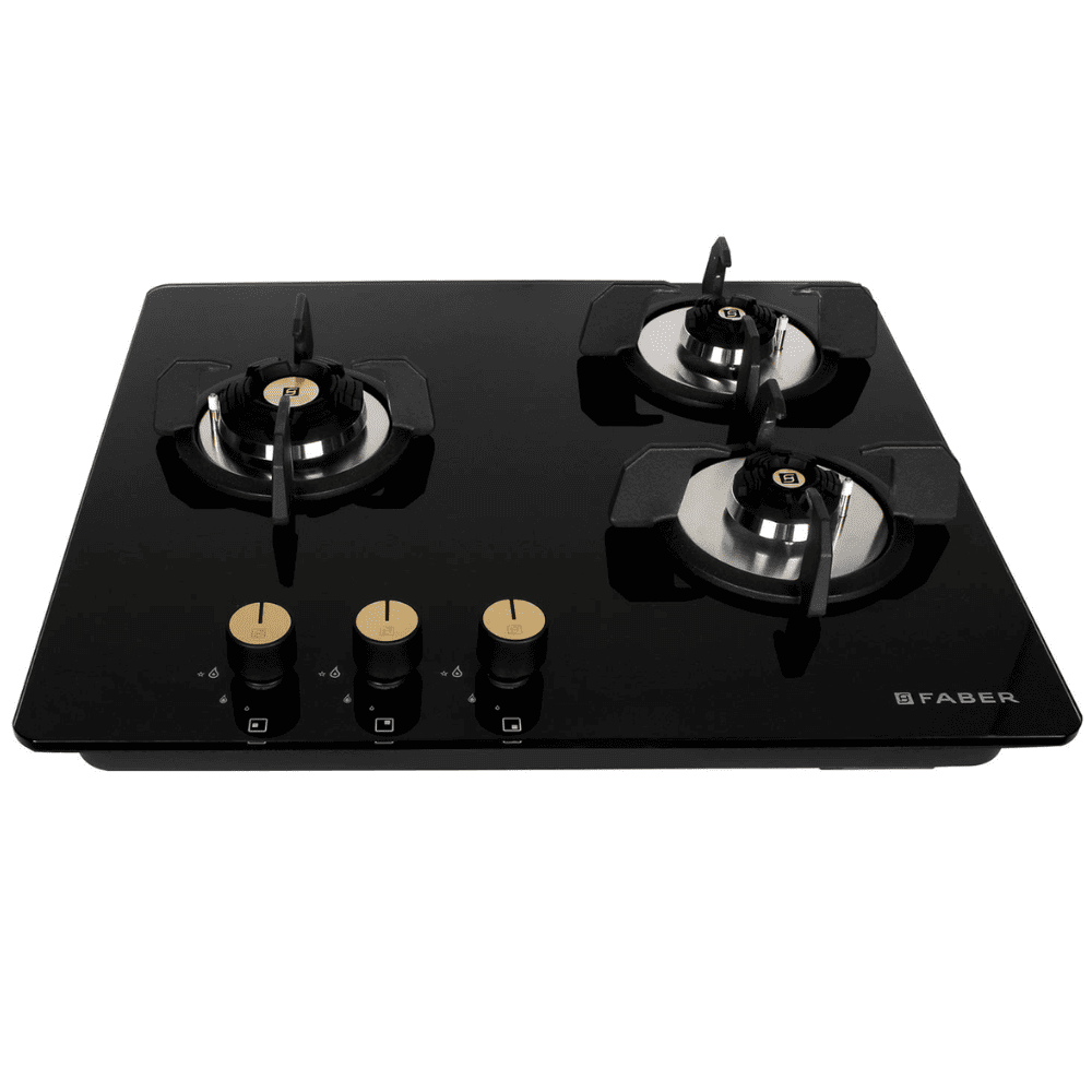 Faber Hob MAXUS HT603 CRS BR CI AI, 3 Burner 60 cm Auto Electric Ignition Glass Top Full Brass Burners 1 Medium + 1 small +1 High (Black)
