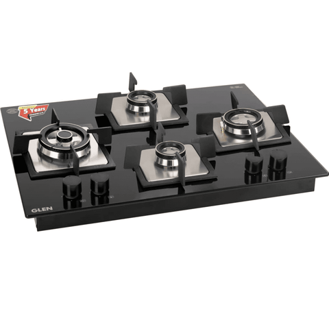 Glen Hob,1065X SQ HT DB TR65, 4 burner 65 cm Auto Ignition Glass Top Triple & Double Ring Forged Full Brass Burners 1 Medium +2 Small + 1 High Gas Stove (Black)