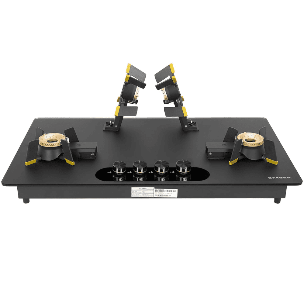 Faber Hob MAGICLIFT HT904 BR CI AI , 4 burner 90 cm Auto Electric Ignition Glass Top Liftable Brass Burners 1 Medium + 2 Small + 1 High (Black)