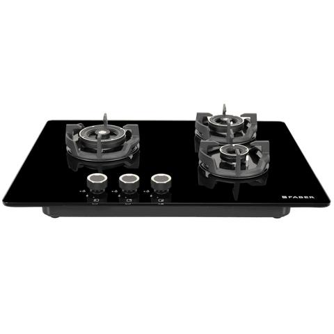 Faber Hob, EXPERIA HT703 ALU AI, 3 burner 70 cm Auto Ignition Glass Matt Finish Brass Burners 1 Medium + 1 Small + 1 High with Cast Iron Pan Support Metal Knobs (Black)