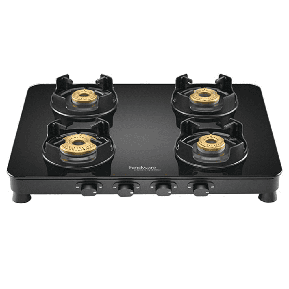 Hindware Cooktop, CORAL 75cm 4B AI, 4 Burner 75 cm Auto Ignition Mirror Finished Glass Top Brass Burner 4 Medium Gas Stove (Black)