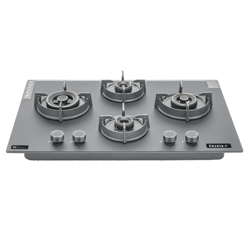 Sujata Hob, 4 Burner 78 cm Auto Ignition Stainless Steel Burner 1 Larg + 1 Medium + 1 small (Indium 4B78TP, Black)