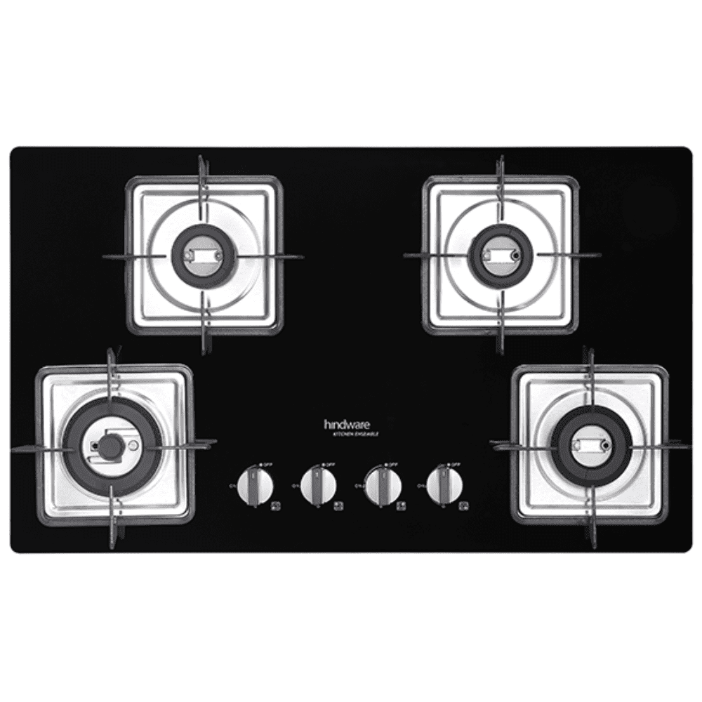 Hindware Hob, ROSIA 4B 60CM, 4 Burner 60 cm Auto Ignition Glass Top Stainless Steel Burners 4 Medium Gas Stove (Black)