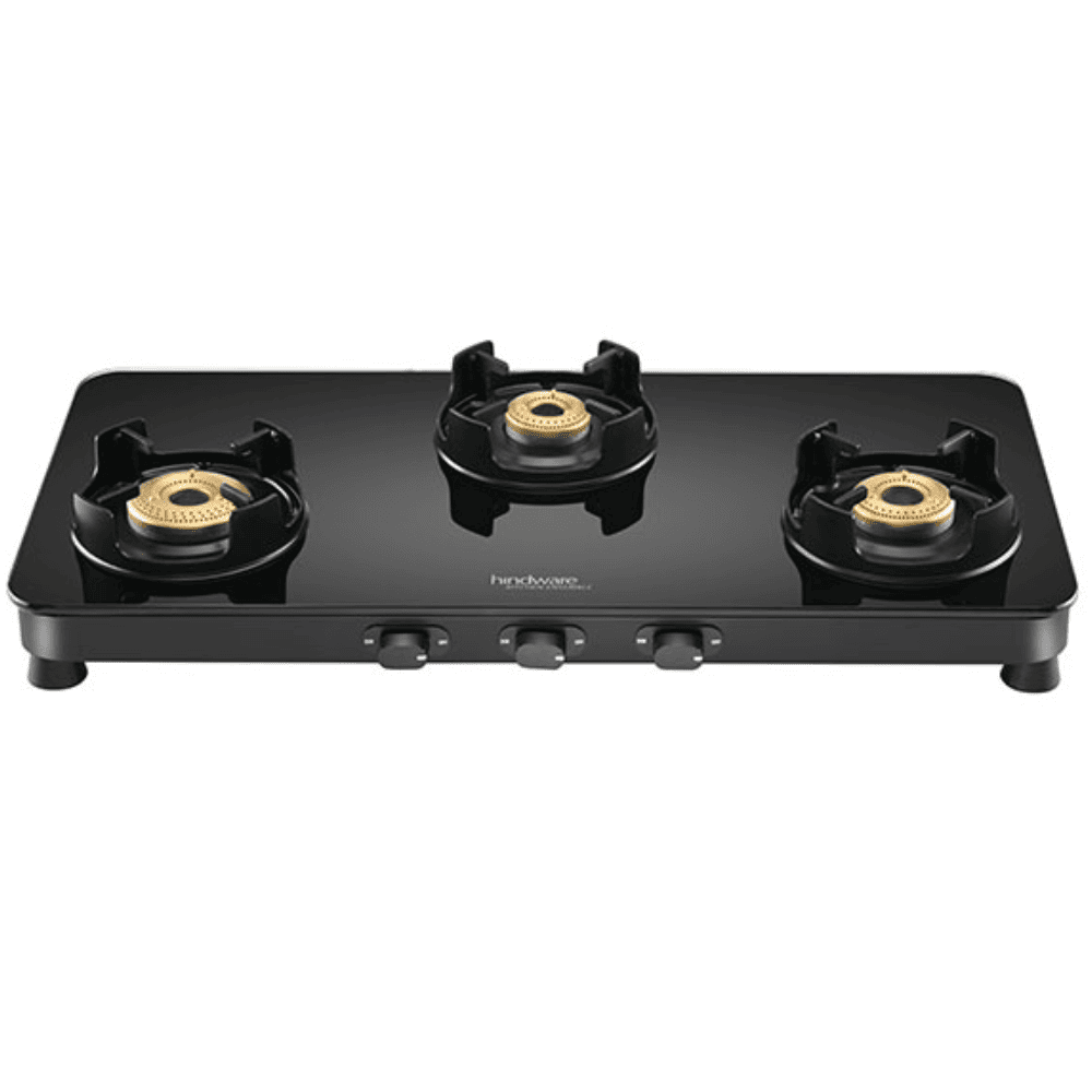Hindware Cooktop, ALVERIO 3B AI, 3 Burner Auto Ignition Glass Top Forged Brass Burner 1 Big + 1 Medium + 1 small Gas Stove (Black)