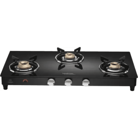 Hindware Cooktop, ARMO GL 3B AI BLK, 3 Burner 77 cm Auto Ignition Glass Top stainless steel Burners 3 Medium Gas Stove (Black)